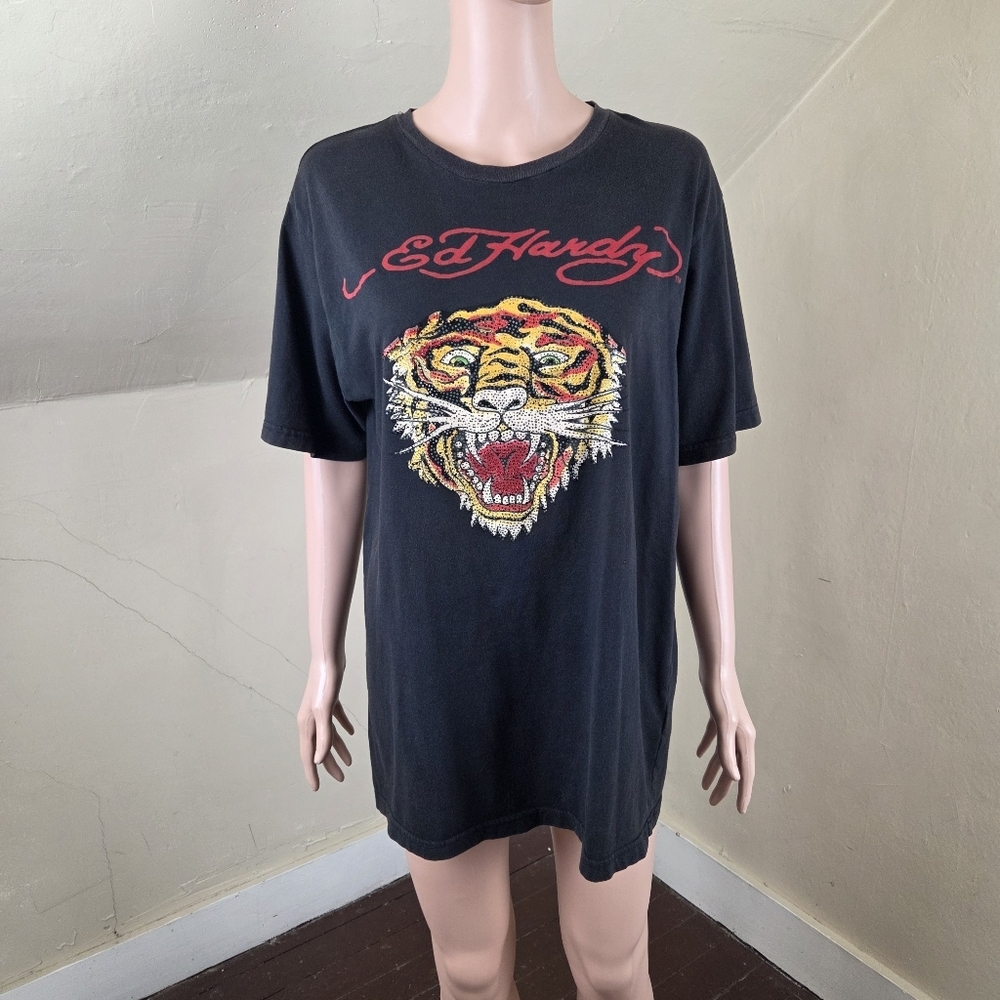 Ed Hardy Tiger Graphic T-Shirt Black Cotton Size XL Christian Audigier